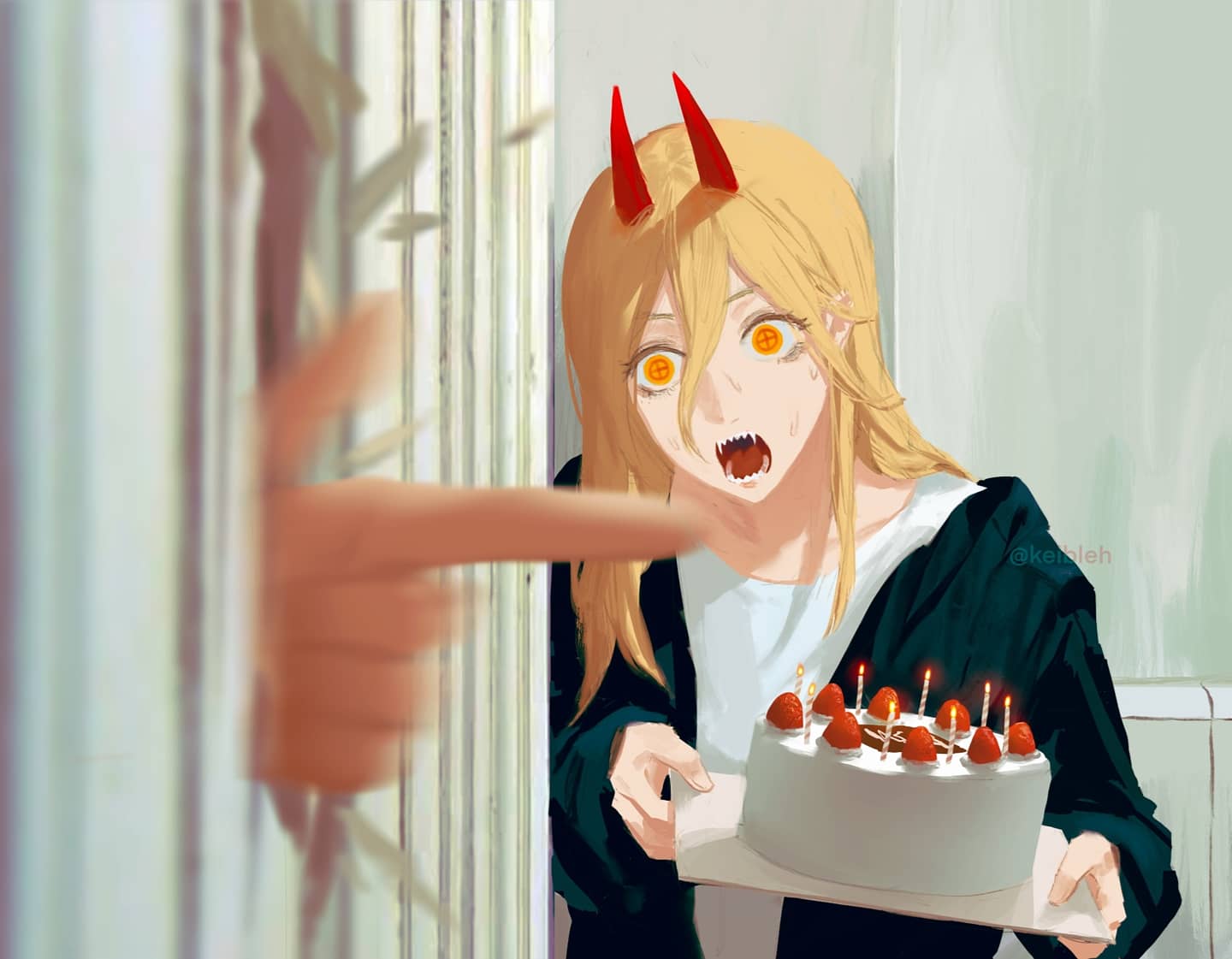+_+ 2girls birthday_cake black_jacket blonde_hair broken_door cake candle chainsaw_man commentary demon_horns door english_commentary eyelashes fangs finger_gun food fruit hair_between_eyes here's_johnny! holding holding_cake holding_food hood hooded_jacket horns jacket keibleh long_hair makima_(chainsaw_man) motion_blur multiple_girls nervous open_clothes open_jacket open_mouth parody power_(chainsaw_man) sanpaku sharp_teeth shirt solo_focus strawberry sweatdrop teeth the_shining twitter_username upper_body white_shirt wide-eyed yellow_eyes