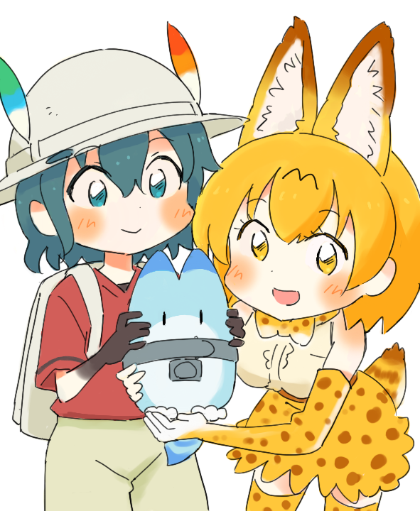 2girls :d animal_ear_fluff animal_ears backpack bag black_gloves blonde_hair blue_eyes blue_hair blush bow bowtie commentary_request elbow_gloves extra_ears gloves hat hat_feather kaban_(kemono_friends) kemono_friends lucky_beast_(kemono_friends) multiple_girls open_mouth print_legwear print_skirt red_shirt serval_(kemono_friends) serval_ears serval_print serval_tail shirt short_hair simple_background skirt smile tail thighhighs wamakwp white_background white_headwear yellow_eyes