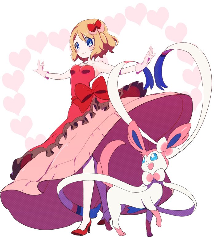 1girl blonde_hair blue_eyes blush breasts chorimokki closed_mouth gen_6_pokemon gloves high_heels looking_at_viewer open_mouth pantyhose pokemon pokemon_(creature) pokemon_(game) pokemon_xy serena_(pokemon) short_hair smile sylveon