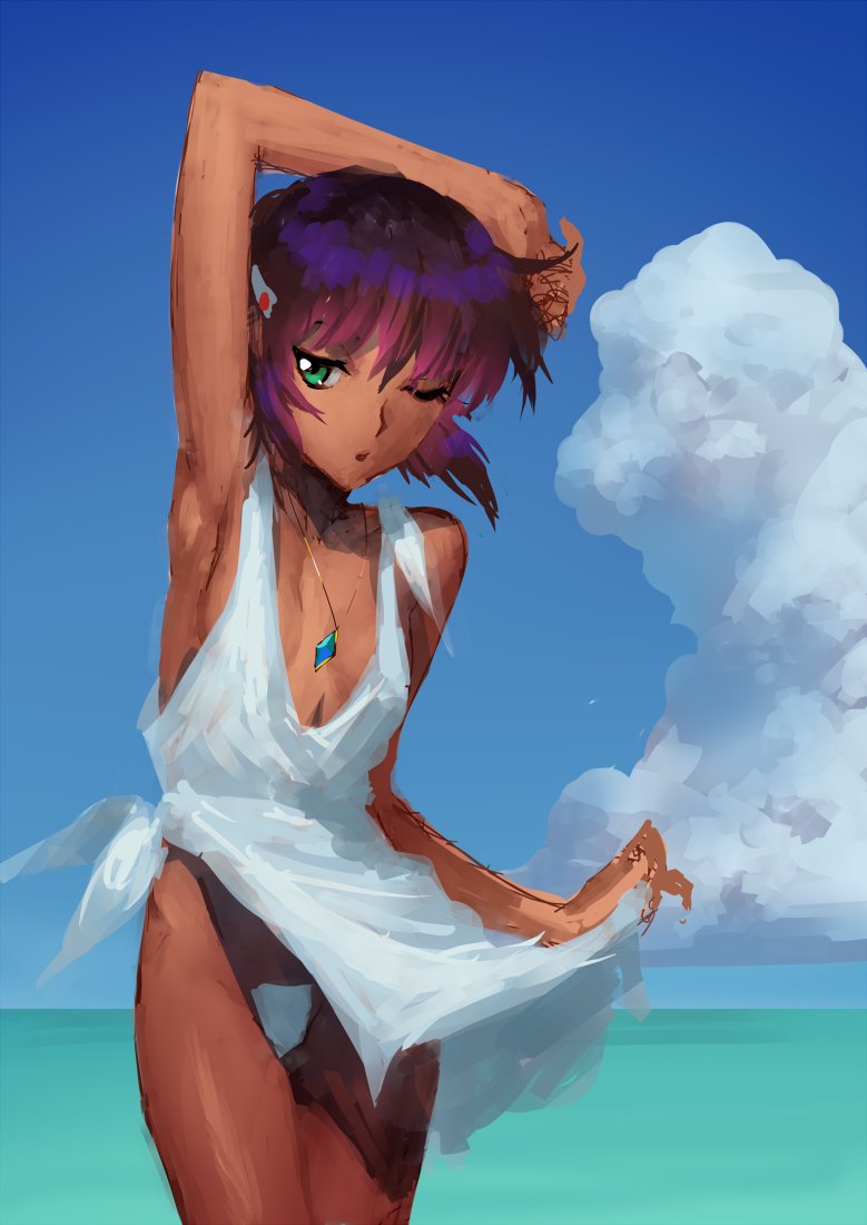 1girl breasts cloud dark-skinned_female dark_skin dress fushigi_no_umi_no_nadia green_eyes hair_ornament hairclip jewelry looking_at_viewer maebari nadeara_bukichi nadia necklace one_eye_closed purple_hair short_hair solo