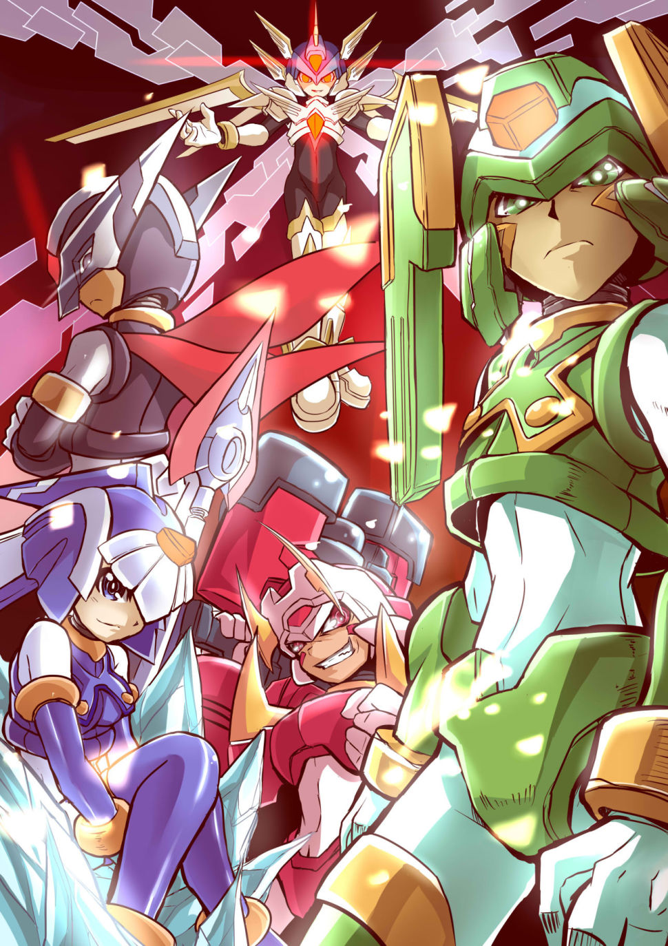 1girl 4boys android black_eyes blue_eyes bodysuit capcom copy_x facial_mark fafnir flying gloves green_eyes grin harpuia helmet highres holding holding_weapon ice jie_laite mechanical_wings multiple_boys phantom_(rockman) polearm red_background red_eyes rockman rockman_zero serious sitting smile standing weapon white_gloves wings