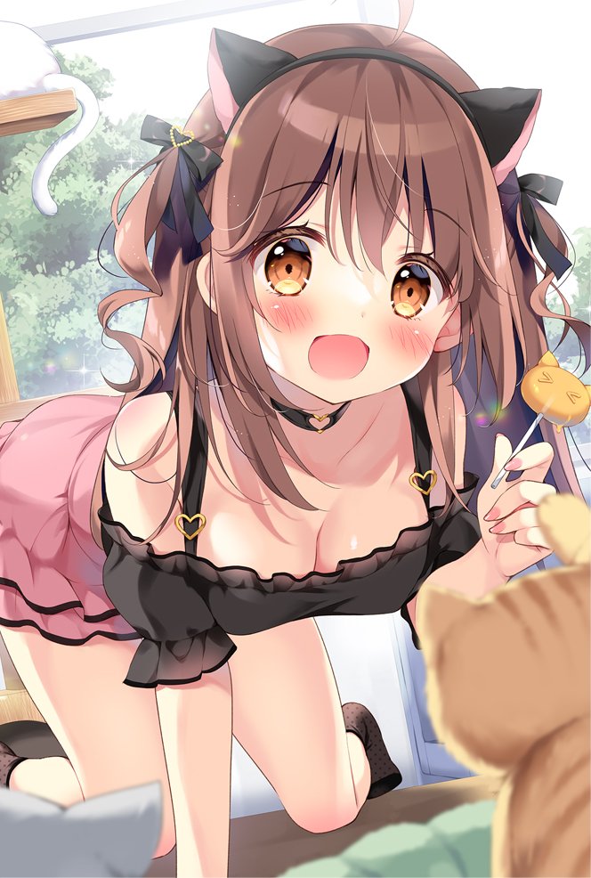 1girl ahoge all_fours animal animal_ears bare_shoulders black_choker black_hairband black_legwear black_shirt blurry blurry_foreground breasts brown_eyes brown_hair cat cat_ears choker cleavage collarbone commentary_request depth_of_field fake_animal_ears food hairband hand_up heart_ring holding holding_food indoors long_hair medium_breasts nail_polish no_shoes off-shoulder_shirt off_shoulder original pan_(mimi) pink_nails pink_skirt puffy_short_sleeves puffy_sleeves shirt short_sleeves skirt socks solo two_side_up very_long_hair white_cat window