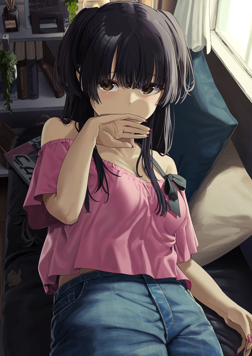 1girl bangs black_hair blue_pants blush book breasts brown_hair commentary_request couch covering_mouth cowboy_shot curtains eyebrows_visible_through_hair hand_over_own_mouth hand_up highres idolmaster idolmaster_shiny_colors indoors long_hair looking_at_viewer mayuzumi_fuyuko medium_breasts nail_polish noeru off-shoulder_shirt off_shoulder on_couch pants pillow pink_nails pink_shirt shirt short_sleeves solo window