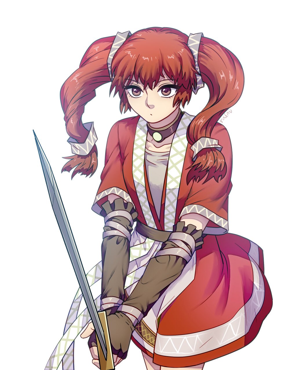 1girl arcturus bangs brown_gloves closed_mouth commentary_request cowboy_shot dress fingerless_gloves gloves hair_ornament highres holding holding_sword holding_weapon kim_rodel korean_commentary long_hair looking_at_viewer maria_kates red_dress red_eyes red_hair shirt signature simple_background solo sword twintails weapon white_background white_shirt