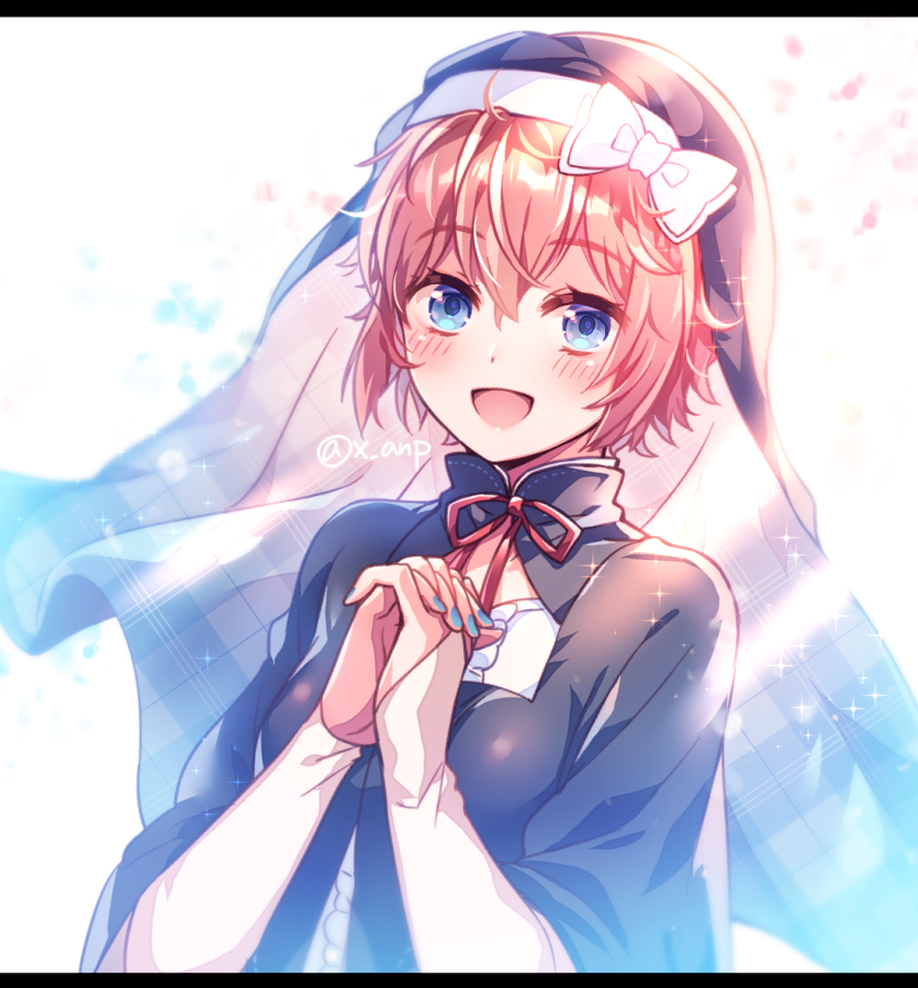 1girl aicedrop blue_eyes bow doki_doki_literature_club eyebrows_visible_through_hair habit hair_bow hands_clasped looking_at_viewer nun open_mouth own_hands_together pink_hair red_bow ribbon sayori_(doki_doki_literature_club) short_hair smile solo
