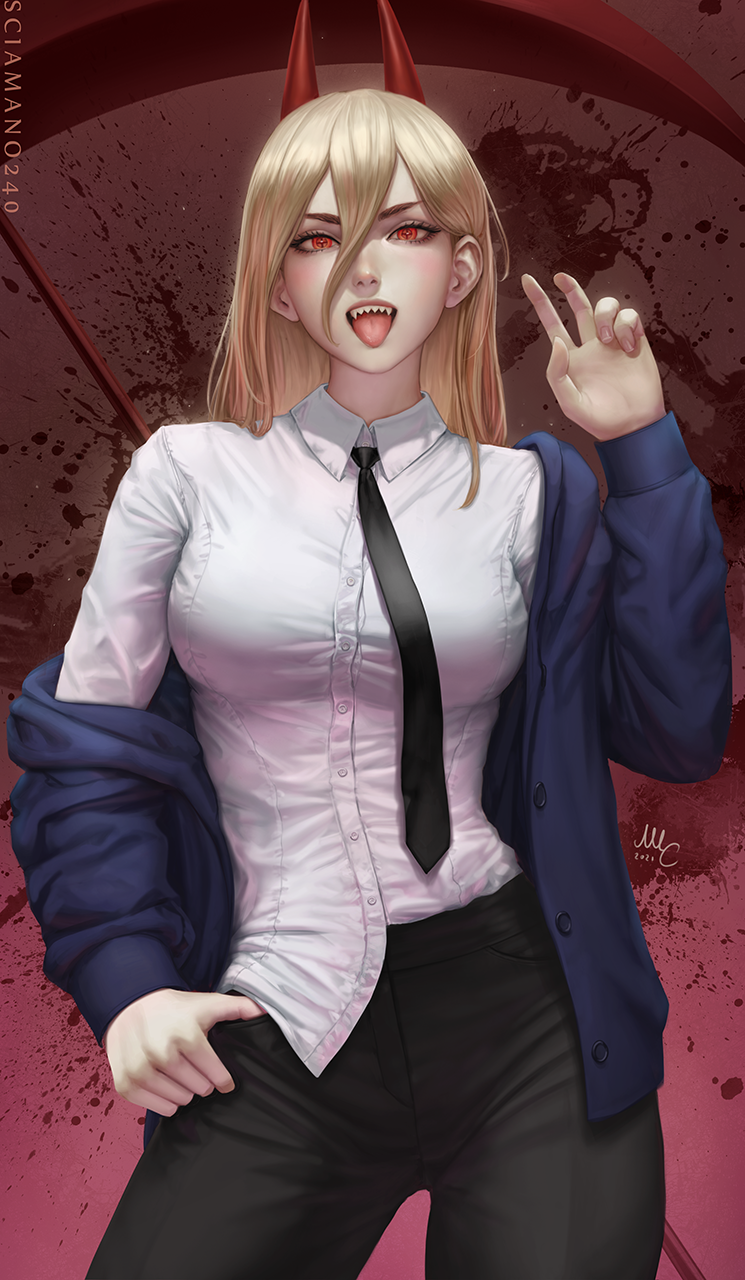 +_+ 1girl black_neckwear blood blood_splatter brown_hair business_suit chainsaw_man demon_girl demon_horns formal highres horns long_hair looking_at_viewer necktie off_shoulder open_mouth power_(chainsaw_man) red_horns sciamano240 scythe sharp_teeth shirt_tucked_in standing suit symbol-shaped_pupils teeth thumb_in_pocket