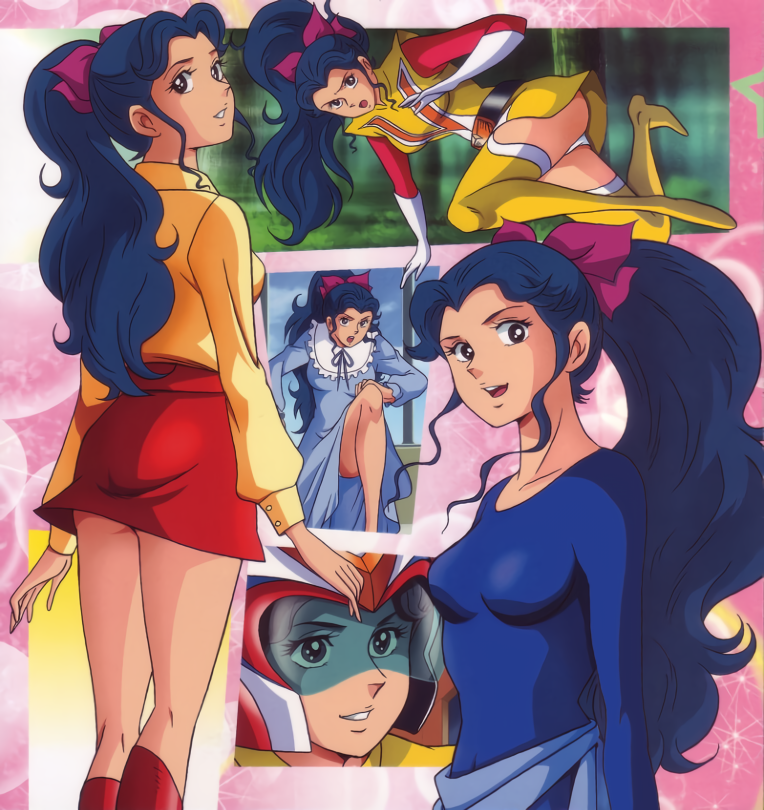 1970s_(style) 1girl aqua_hair black_eyes blue_leotard boots choudenji_machine_voltes_v dress helmet high_ponytail leotard long_hair long_sleeves looking_at_viewer miniskirt multiple_views official_art oka_megumi open_mouth panels panties pantyshot parted_lips red_skirt retro_artstyle skirt smile solo thigh_boots thighhighs underwear white_panties yellow_footwear