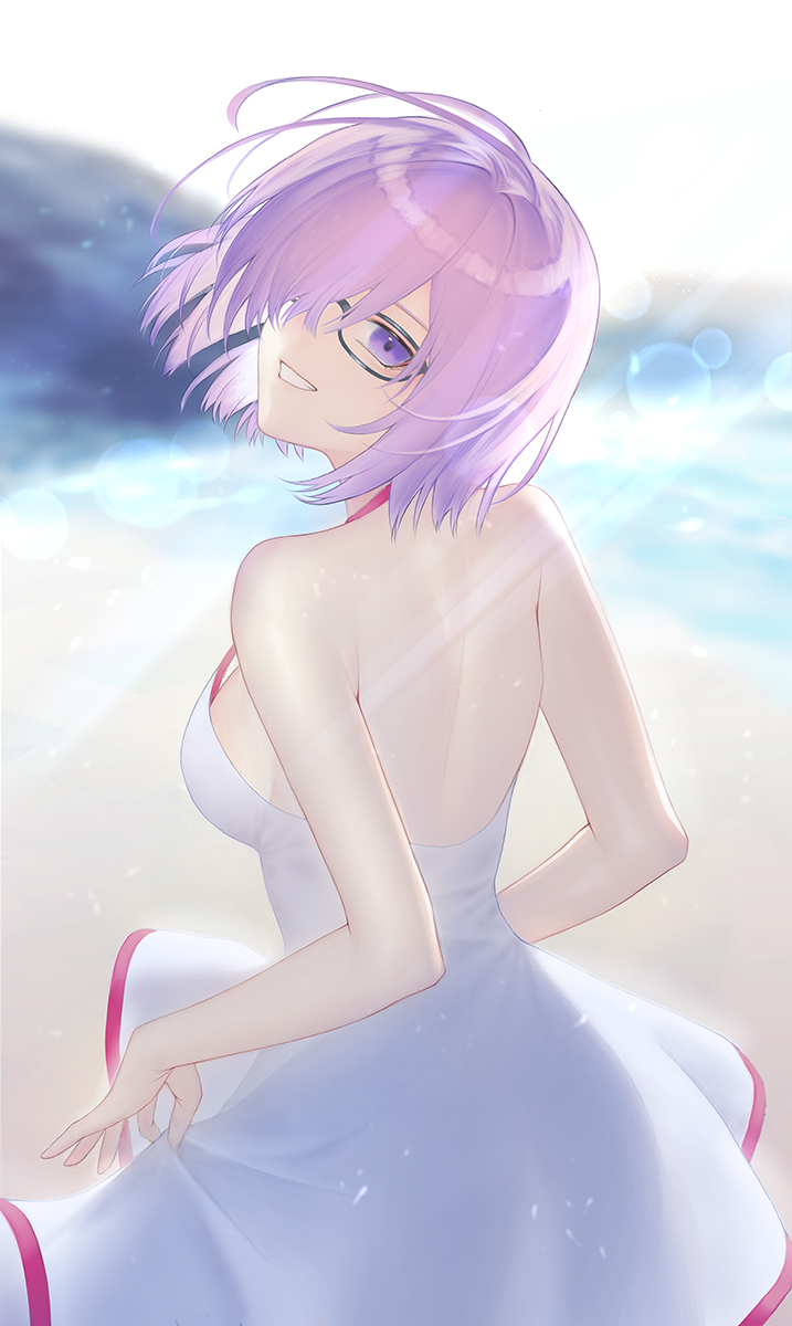 1girl bangs bare_shoulders breasts dmith dress_swimsuit fate/grand_order fate_(series) glasses hair_over_one_eye highres large_breasts light_purple_hair looking_at_viewer looking_back mash_kyrielight purple_eyes short_hair smile swimsuit swimsuit_of_perpetual_summer thighs white_swimsuit