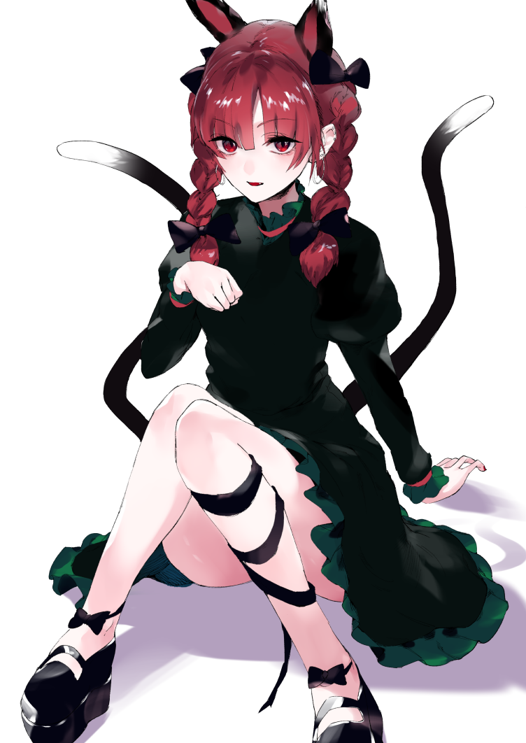 1girl animal_ears arm_support asuzemu bad_anatomy bangs black_bow black_ribbon blunt_bangs blush bow braid breasts cat_ears cat_tail commentary_request convenient_leg dress ear_piercing earrings extra_ears eyebrows_visible_through_hair fang green_dress hair_bow hair_ribbon hand_up jewelry juliet_sleeves kaenbyou_rin knees_together_feet_apart leg_ribbon light_smile long_hair long_sleeves looking_at_viewer multiple_tails nekomata parted_lips paw_pose piercing puffy_sleeves red_eyes red_hair ribbon simple_background small_breasts solo tail touhou tress_ribbon twin_braids twintails two_tails white_background