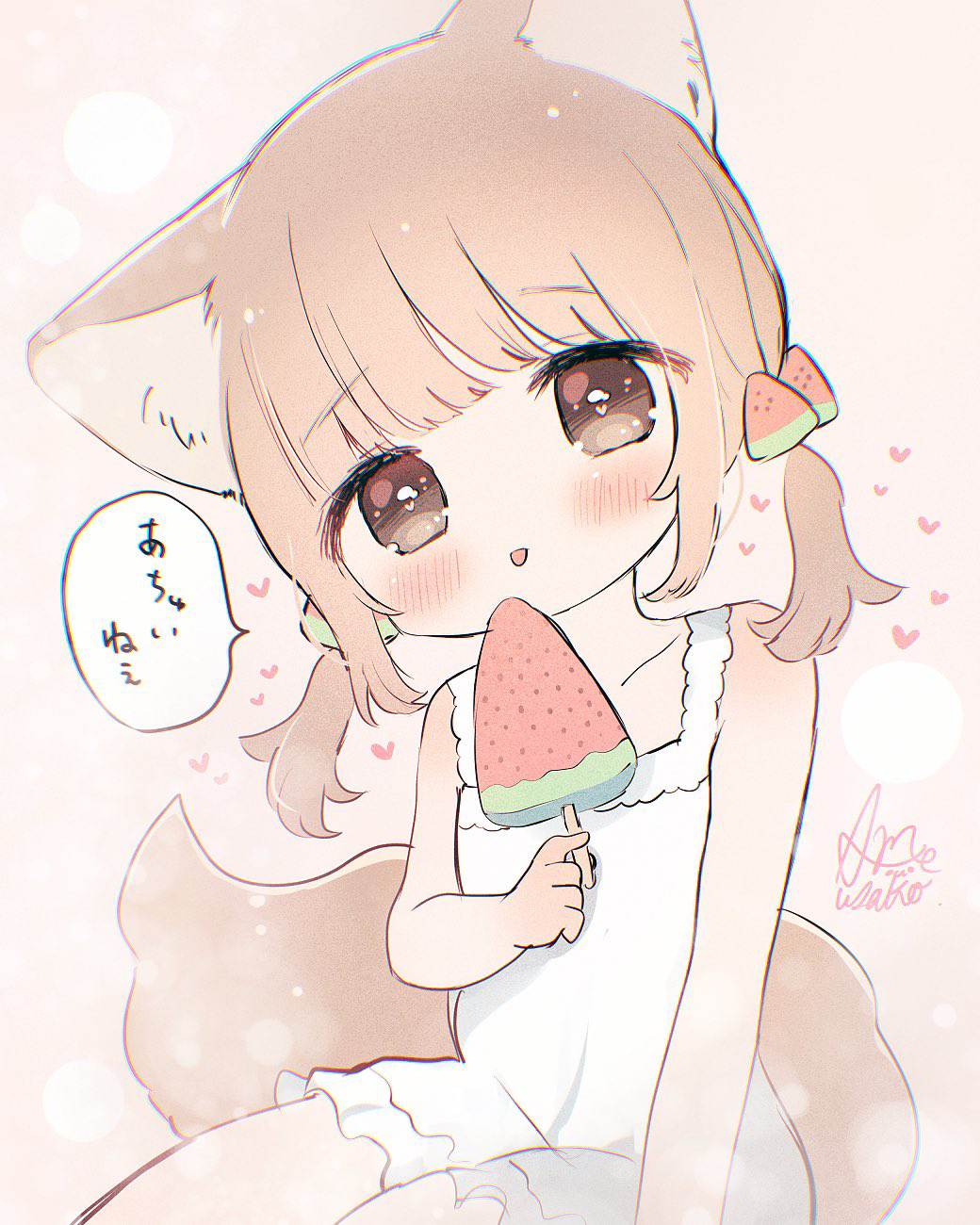 1girl ame_usako animal_ear_fluff animal_ears bangs banned_artist bare_arms bare_shoulders blush brown_background brown_eyes brown_hair collarbone commentary_request dress eyebrows_visible_through_hair food food-themed_hair_ornament hair_ornament head_tilt heart heart-shaped_pupils highres holding holding_food looking_at_viewer low_twintails original popsicle signature simple_background sleeveless sleeveless_dress solo symbol-shaped_pupils tail tongue tongue_out translation_request twintails watermelon_bar watermelon_hair_ornament white_dress