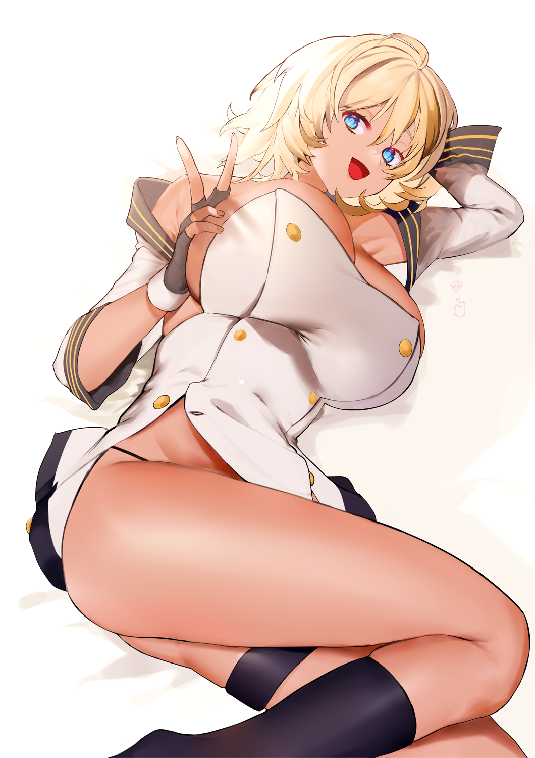 aiushi_(lovecowjp) azur_lane black_legwear blonde_hair blue_eyes boots breasts buttons california_(azur_lane) cleavage detached_sleeves double-breasted dress feet_out_of_frame fingerless_gloves gloves highres kneehighs large_breasts lying microdress military military_uniform naval_uniform on_bed on_side open_mouth short_hair strapless strapless_dress thigh_strap thong uniform v white_dress