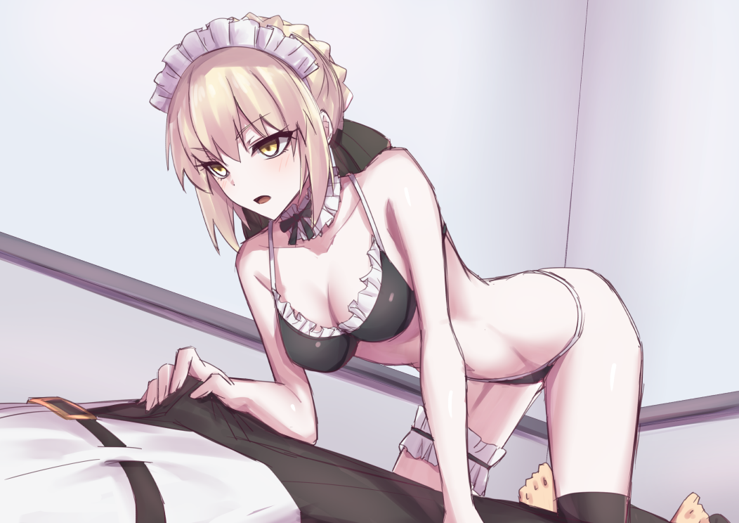 1boy 1girl all_fours artoria_pendragon_(all) artoria_pendragon_(alter_swimsuit_rider)_(fate) bikini black_bikini black_bow bow breasts bulge choker elfenlied22 erection erection_under_clothes fate/grand_order fate_(series) frilled_bikini frilled_choker frills fujimaru_ritsuka_(male) hair_bow hair_bun handjob handjob_over_clothes indoors leg_garter maid_bikini maid_headdress small_breasts solo_focus swimsuit yellow_eyes