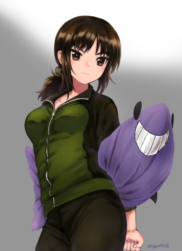 1girl alternate_hairstyle bangs black_eyes black_hair breasts emblem girls_und_panzer grey_background hair_ornament hair_scrunchie holding holding_pillow jacket long_sleeves low_ponytail murakami_(girls_und_panzer) object_behind_back pillow purple_jacket scrunchie shark solo twitter_username yu_sakurai06