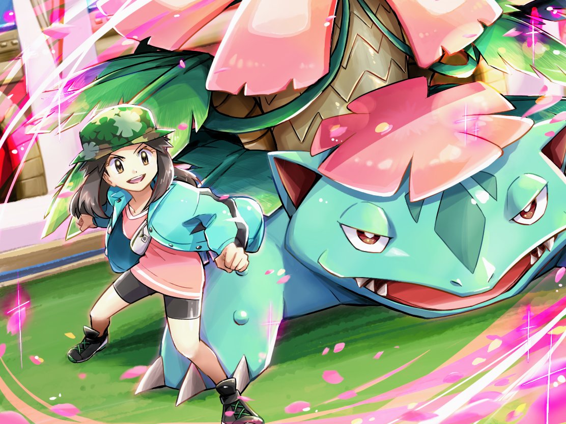 1girl ayo_(ayosanri009) bike_shorts brown_eyes brown_hair bucket_hat buttons camouflage camouflage_headwear clenched_hands commentary_request day eyelashes gen_1_pokemon green_jacket hair_flaps hat jacket leaf_(pokemon) legs_apart long_hair long_sleeves mega_pokemon mega_venusaur official_alternate_costume open_clothes open_jacket open_mouth oversized_clothes oversized_shirt petals pink_shirt pokemon pokemon_(creature) pokemon_(game) pokemon_masters_ex shirt shoes smile sparkle stadium standing tongue upper_teeth venusaur