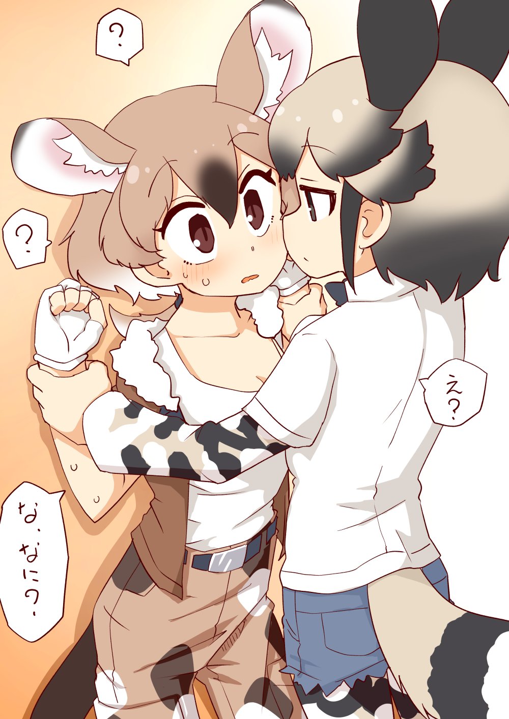 2girls 370ml ? african_wild_dog_(kemono_friends) african_wild_dog_print animal_ears blue_neckwear blush bomber_jacket bow bowtie brown_hair brown_jacket camouflage camouflage_pants collared_shirt commentary_request denim denim_shorts dog_ears dog_girl dog_tail extra_ears fingerless_gloves fur_collar gambian_pouched_rat_(kemono_friends) gloves height_difference highres holding_another's_arm jacket kemono_friends light_brown_hair long_sleeves looking_at_another mouse_ears mouse_girl mouse_tail multicolored_hair multiple_girls pants pantyhose print_legwear print_sleeves shirt short_hair short_shorts short_sleeves shorts spoken_question_mark sweatdrop tail translation_request white_fur white_gloves white_hair white_shirt