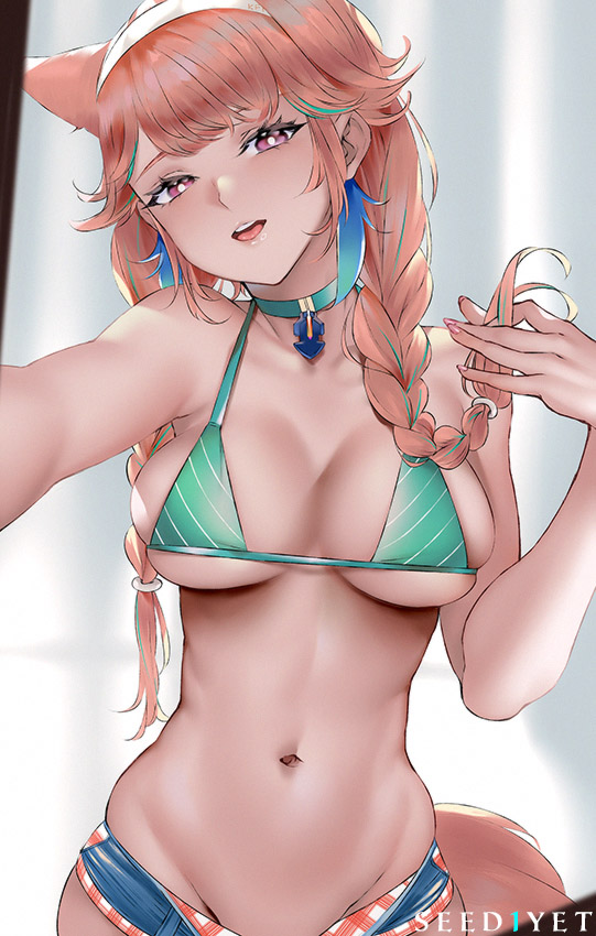 1girl :d animal_ears banned_artist bikini bikini_top braid breasts bright_pupils cat_ears choker cleavage empty_eyes groin hairband head_tilt hololive hololive_english indoors long_hair looking_at_viewer medium_breasts midriff multicolored_hair navel open_mouth open_pants pants pink_eyes short_shorts shorts skindentation smile solo streaked_hair swimsuit takanashi_kiara twin_braids viola_(seed) virtual_youtuber white_pupils