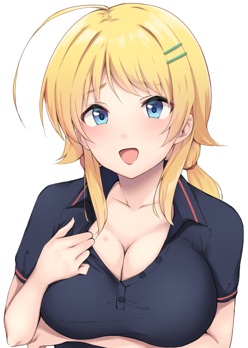 1girl ahoge black_mutou black_shirt blonde_hair blue_eyes breasts cleavage collarbone commentary_request hachimiya_meguru hair_ornament hairclip hickey highres idolmaster idolmaster_shiny_colors large_breasts looking_at_viewer low_twintails open_mouth shirt short_sleeves simple_background solo twintails upper_body white_background