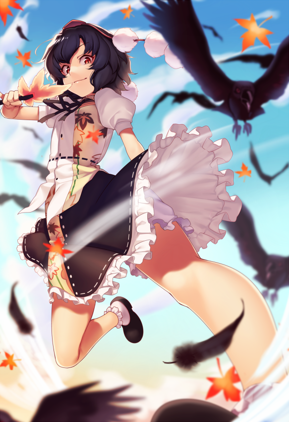 1girl autumn_leaves bangs bird black_bow black_footwear black_hair black_neckwear black_skirt blue_sky bow buttons closed_mouth cloud cloudy_sky eyebrows_visible_through_hair feathers flying hand_up hat kaiza_(rider000) leaf_print light looking_at_viewer pants pom_pom_(clothes) puffy_short_sleeves puffy_sleeves red_eyes red_headwear shadow shameimaru_aya shirt shoes short_hair short_sleeves skirt sky smile socks solo tokin_hat touhou white_legwear white_pants white_shirt white_sleeves wings yellow_sky