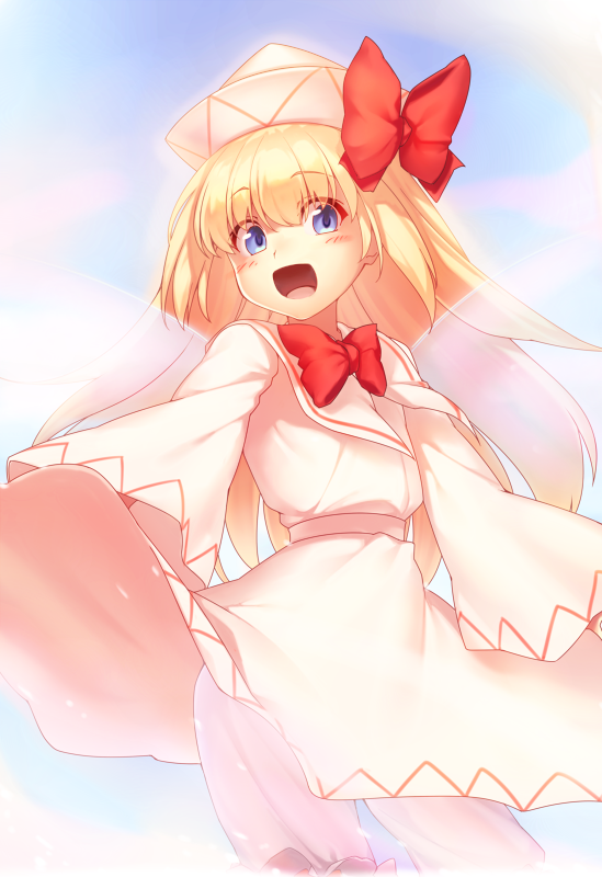1girl :d bangs blonde_hair blue_eyes blue_sky blush bow dress eyebrows_visible_through_hair eyes_visible_through_hair fairy_wings hair_between_eyes hat hat_bow kaiza_(rider000) lily_white long_hair long_sleeves looking_at_viewer open_mouth pants red_bow red_neckwear sky smile solo standing touhou white_dress white_headwear white_pants white_sleeves wide_sleeves wings
