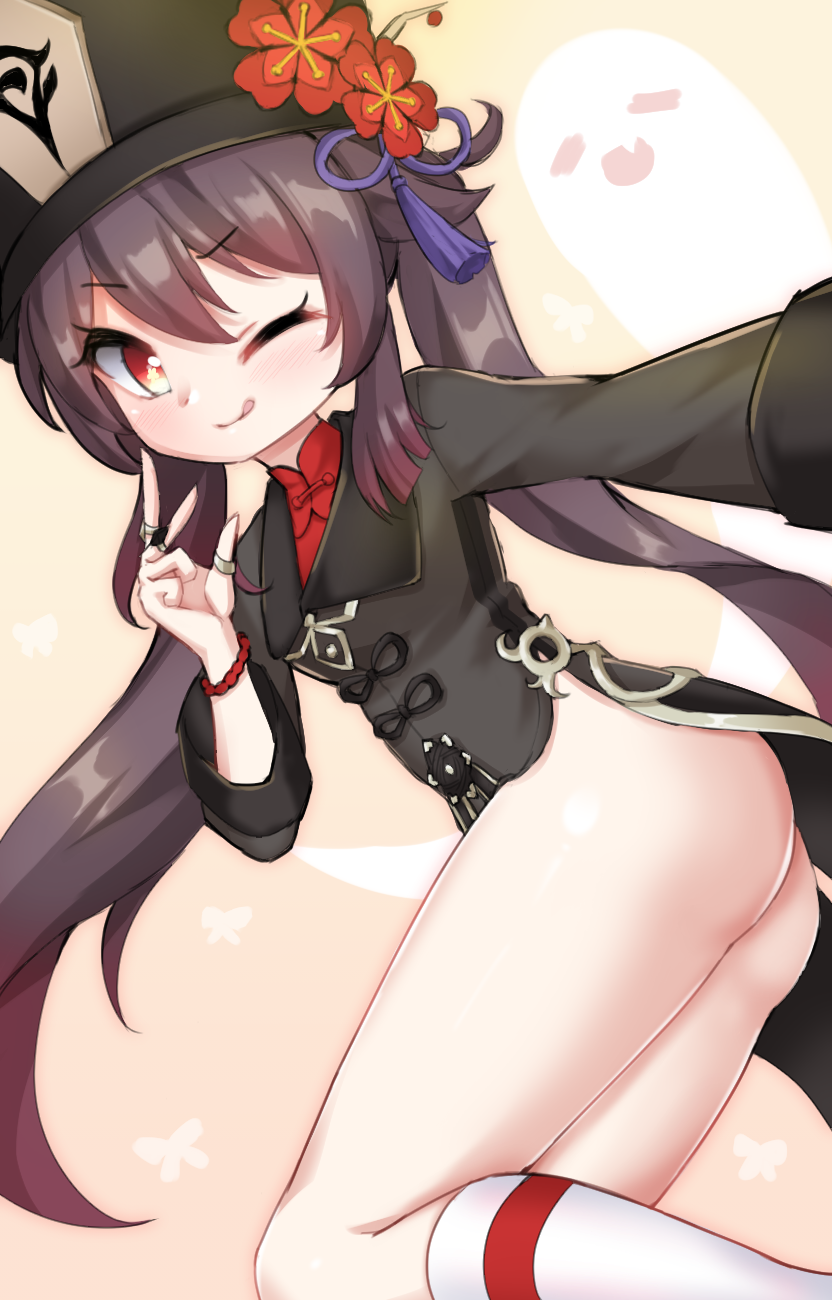 1girl ;p ass bead_bracelet beads bracelet brown_hair flower genshin_impact ghost highres hu_tao_(genshin_impact) jewelry long_sleeves no_panties one_eye_closed plum_blossoms red_eyes ring shokuane smile socks solo tailcoat tongue tongue_out