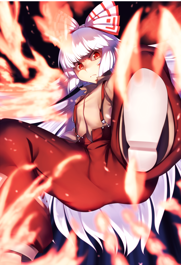 1girl bangs black_sky boots bow closed_mouth collar eyebrows_visible_through_hair eyes_visible_through_hair fire fujiwara_no_mokou jumping kaiza_(rider000) long_hair long_sleeves looking_at_viewer multicolored multicolored_bow night night_sky orange_collar orange_shirt orange_sleeves pants red_bow red_eyes red_pants shirt silver_hair sky solo touhou white_bow white_footwear white_hair