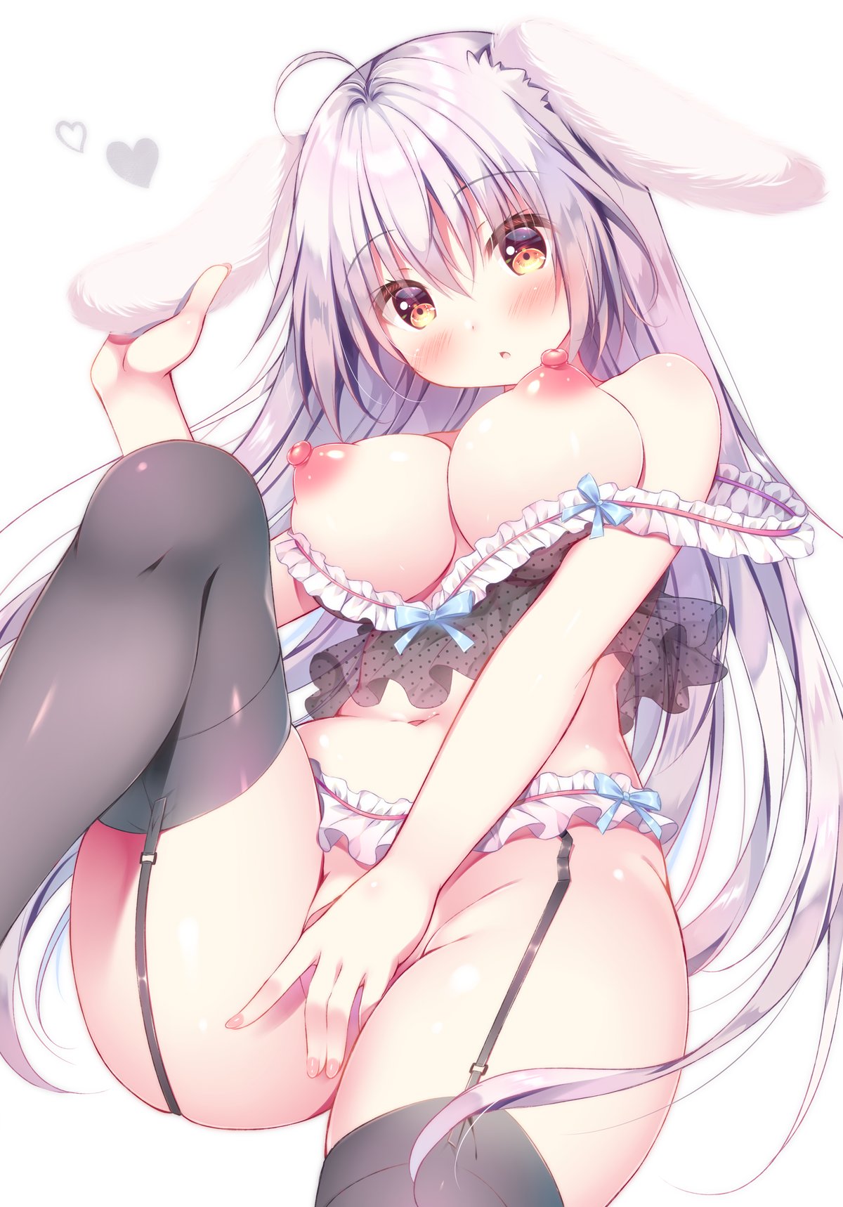 1girl :o ahoge animal_ears areolae bangs black_legwear breasts brown_eyes cleavage covering covering_crotch eyebrows_visible_through_hair fake_animal_ears garter_belt garter_straps hair_between_eyes heart highres large_breasts leg_up lingerie long_hair looking_at_viewer navel nipples open_mouth original silver_hair simple_background solo suzukawa_yui symbol_commentary thighhighs thighs underwear white_background