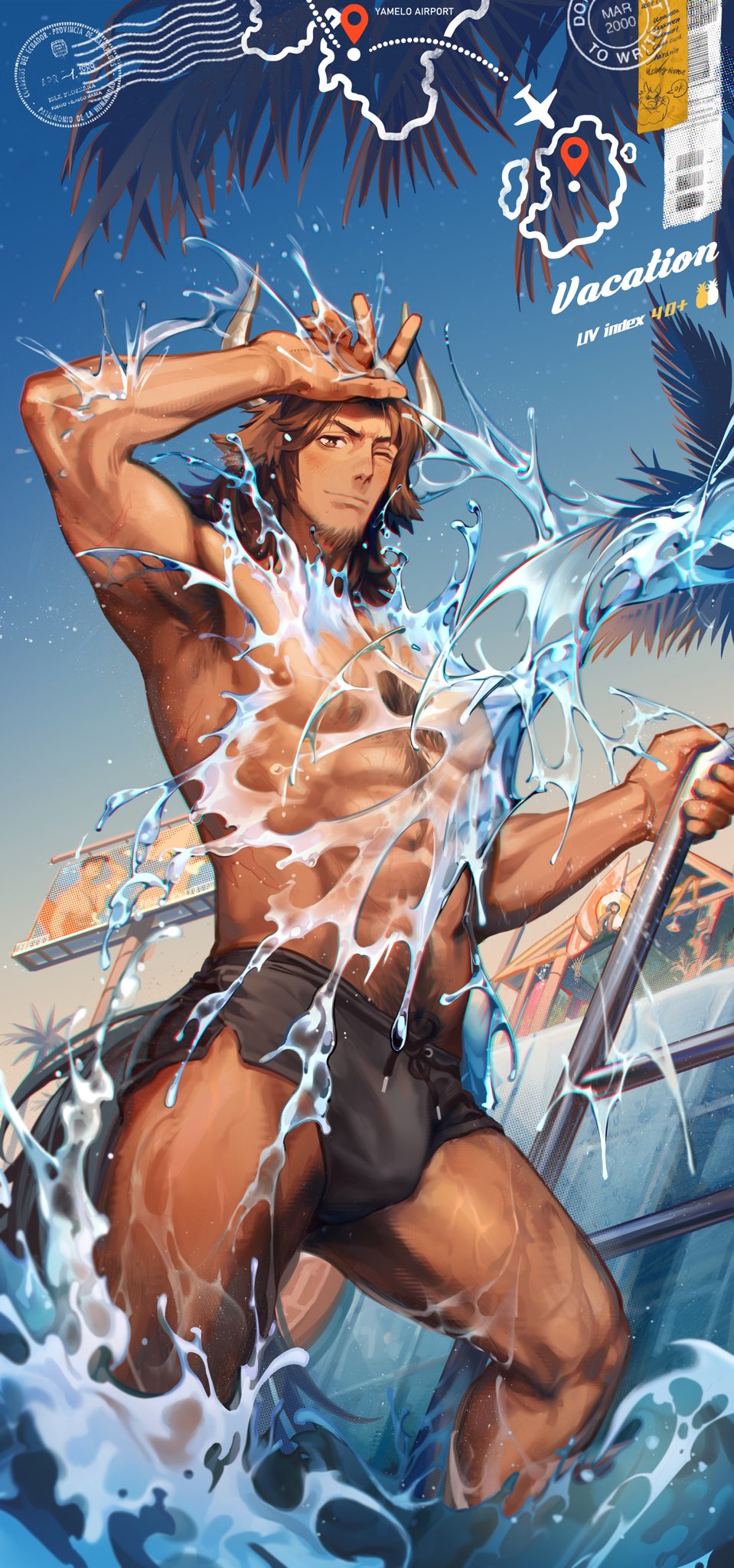 1boy abs animal_ears arknights armpit_hair armpits bara bare_pectorals black_male_swimwear blush brown_eyes brown_hair bulge chest_hair cow_boy cow_ears cow_horns cow_tail dark-skinned_male dark_skin facial_hair feet_out_of_frame goatee hairy highres horns ladder large_pectorals likaou looking_at_viewer male_focus male_pubic_hair male_swimwear matterhorn_(arknights) mature_male medium_hair muscular muscular_male navel navel_hair nipples pectorals pool pubic_hair shorts side_slit side_slit_shorts smile solo splashing stomach swim_briefs tail thick_thighs thighs water wet