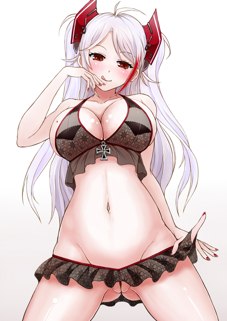 1girl :q ass_visible_through_thighs azur_lane black_bra bra breasts from_below headgear iron_cross large_breasts light_purple_hair lingerie long_hair looking_at_viewer mole mole_on_breast multicolored_hair navel prinz_eugen_(azur_lane) red_eyes red_hair sai-go see-through simple_background solo streaked_hair tongue tongue_out two-tone_hair underwear white_background