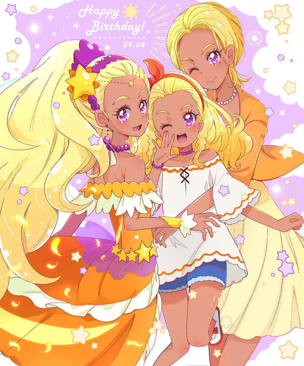 3girls :d ;) ;d amamiya_erena blonde_hair blue_shorts bow bow_hairband choker circlet closed_mouth cure_soleil dark-skinned_female dark_skin dress earrings hair_bow hair_intakes hair_ornament hairband highres jewelry juugoya_neko layered_dress long_dress long_hair looking_at_viewer mole mole_under_eye multiple_girls off-shoulder_dress off-shoulder_shirt off_shoulder one_eye_closed open_mouth orange_bow orange_dress orange_hairband pleated_dress ponytail precure purple_choker red_eyes shiny shiny_hair shirt short_dress short_shorts shorts shoulder_blades smile star_(symbol) star_hair_ornament star_twinkle_precure very_long_hair white_shirt yellow_dress