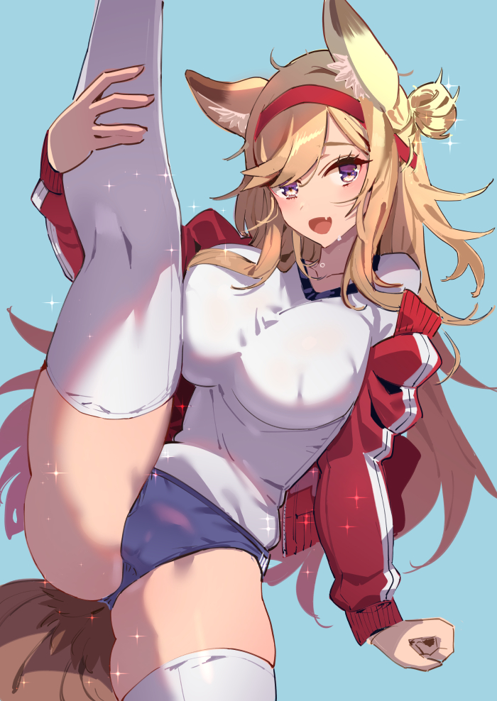 1girl animal_ears bangs blue_background blue_buruma breasts brown_eyes brown_hair buruma commentary_request fang fox_ears fox_girl fox_tail gym_shirt gym_uniform hair_ribbon huge_breasts jacket leg_hold leg_up long_hair long_sleeves looking_at_viewer looking_back open_clothes open_jacket open_mouth original red_jacket red_ribbon ribbon shirt simple_background single_vertical_stripe smile solo sparkle split standing standing_on_one_leg standing_split tail tajima_ryuushi thighhighs track_jacket white_legwear white_shirt