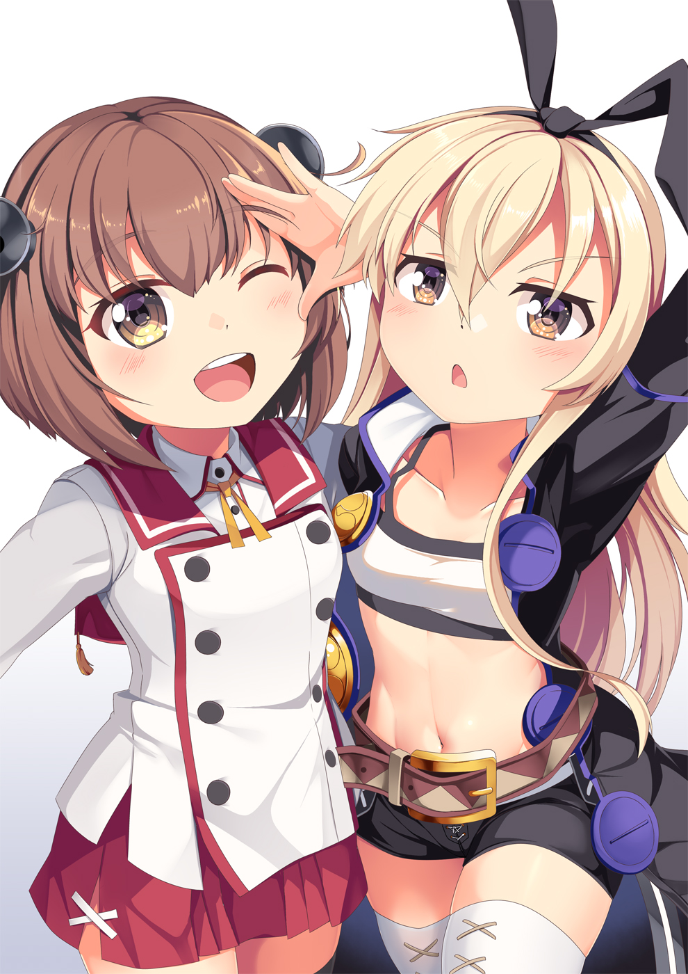 2girls ;d arm_up bangs belt black_coat black_hairband black_shorts blonde_hair blush breasts brown_belt brown_eyes brown_hair buttons chestnut_mouth coat collar collarbone commentary cosplay cowboy_shot creator_connection crop_top double-breasted etou_kanami etou_kanami_(cosplay) eyebrows_visible_through_hair groin hair_between_eyes hairband headgear highres kantai_collection long_hair look-alike looking_at_viewer midriff minoseki_gakuin_uniform multiple_girls navel neck_ribbon one_eye_closed open_clothes open_coat open_mouth red_collar red_skirt ribbon salute school_uniform shimakaze_(kancolle) short_hair short_shorts shorts side_slit sidelocks simple_background skirt small_breasts smile speaking_tube_headset standing thighhighs toji_no_miko upper_teeth white_background white_legwear white_serafuku yasume_yukito yellow_ribbon yukikaze_(kancolle) zero_(zero_kara_hajimeru_mahou_no_sho) zero_(zero_kara_hajimeru_mahou_no_sho)_(cosplay) zero_kara_hajimeru_mahou_no_sho