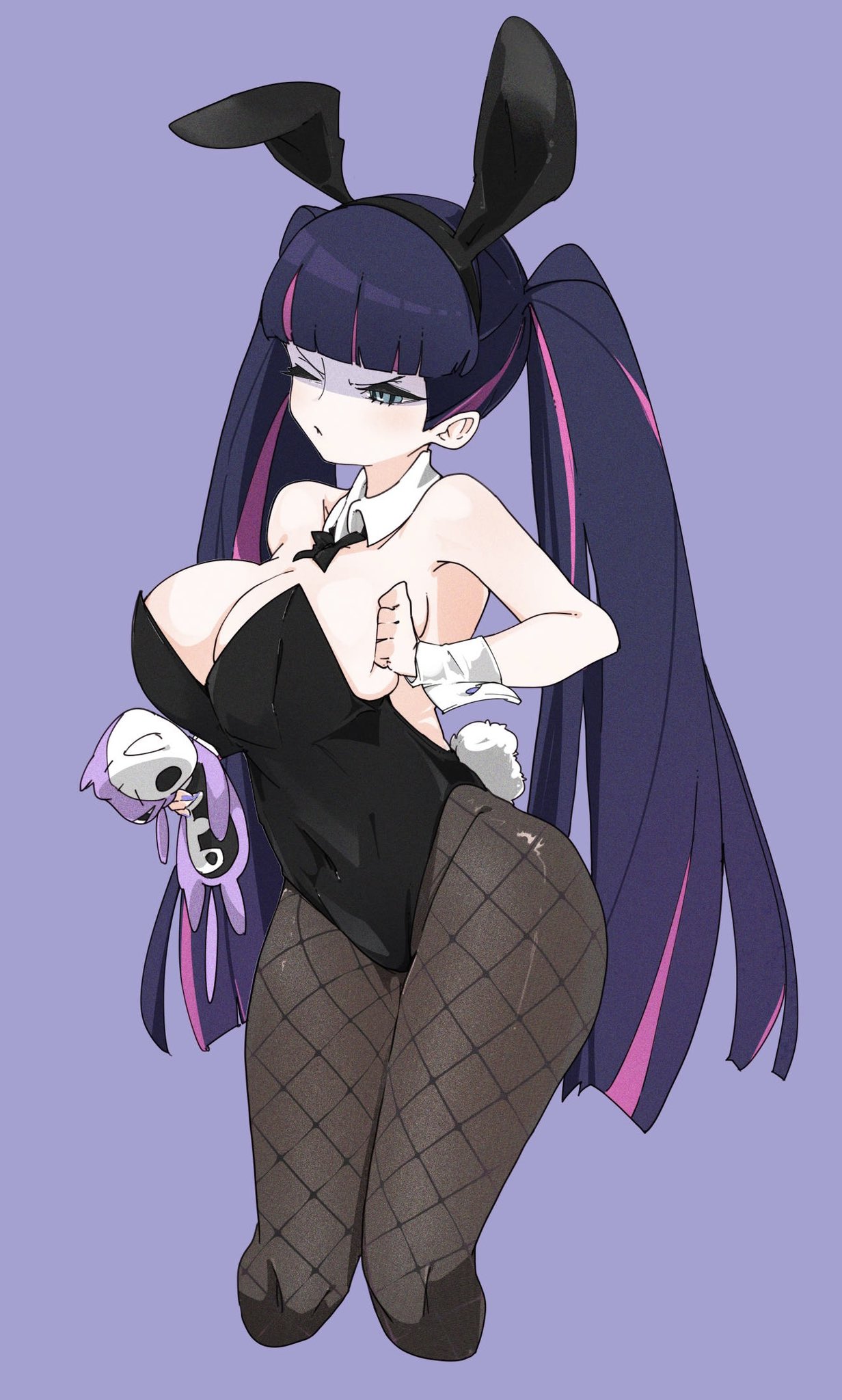 1girl animal_ears bangs bare_shoulders blunt_bangs bow bowtie breasts bunny_ears bunny_tail cleavage cropped_legs detached_collar fake_animal_ears fake_tail fishnet_legwear fishnets green_eyes highres large_breasts lavender_background leotard long_hair ocha_(popopogg) panty_&amp;_stocking_with_garterbelt pantyhose playboy_bunny simple_background solo stocking_(psg) strapless strapless_leotard tail twintails very_long_hair wrist_cuffs