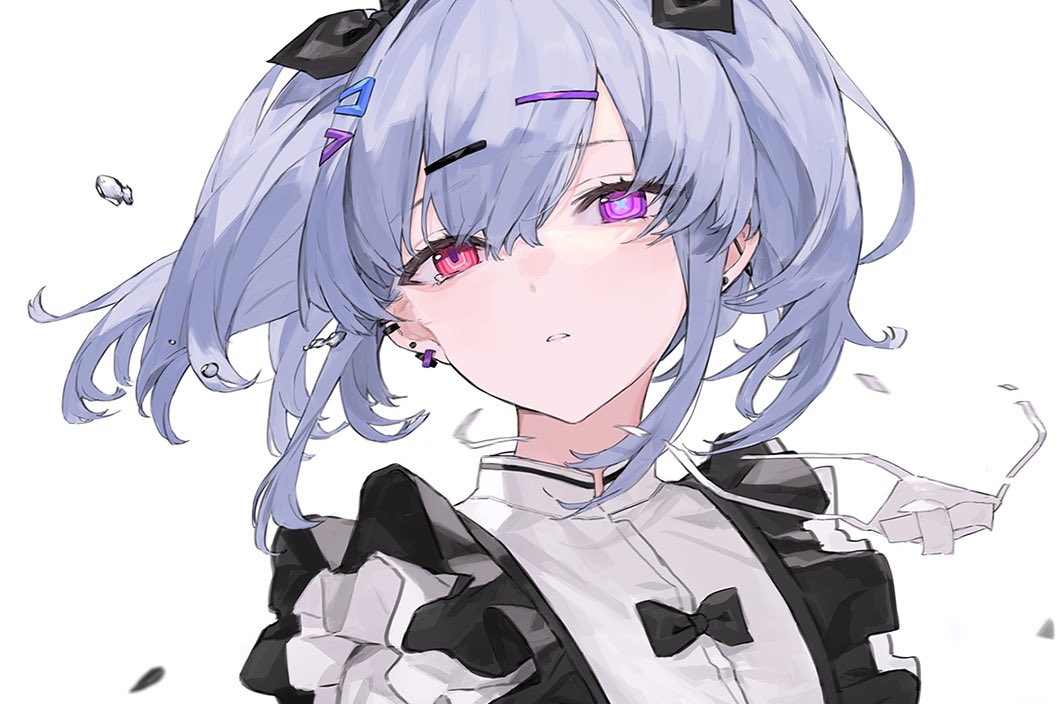 1girl aiko_(kanl) ear_piercing eyepatch eyepatch_removed frills hair_ornament hairclip heterochromia looking_at_viewer medical_eyepatch mismatched_pupils original piercing purple_hair shirt silver_hair solo symbol-shaped_pupils thick_thighs thighs upper_body white_shirt x-shaped_pupils
