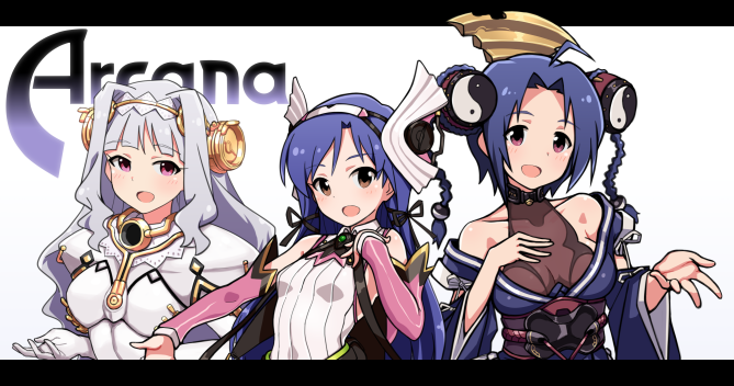 3girls ahoge ar_tonelico ar_tonelico_i aurica_nestmile aurica_nestmile_(cosplay) bangs black_ribbon blue_hair blunt_bangs braid breasts brown_eyes collarbone commentary cosplay detached_sleeves dot_nose drum eyebrows_visible_through_hair gold_trim hair_intakes hair_ornament hair_ribbon hairband hand_on_own_chest idolmaster idolmaster_million_live! instrument juliet_sleeves kisaragi_chihaya lace_trim leotard letterboxed long_hair long_sleeves looking_at_viewer medium_breasts medium_hair misha_arsellec_lune misha_arsellec_lune_(cosplay) miura_azusa multiple_girls open_mouth outstretched_arm outstretched_hand parted_bangs pink_eyes puffy_sleeves purple_eyes ribbon shijou_takane shiny shiny_clothes shurelia shurelia_(cosplay) silver_hair small_breasts tun twin_braids upper_body wavy_hair white_background white_leotard wide_sleeves yin_yang