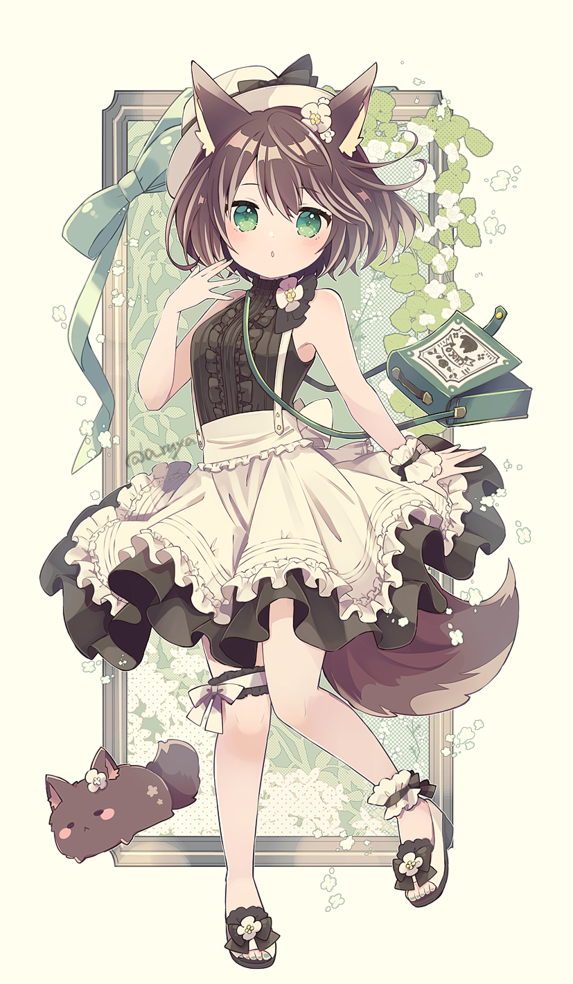 1girl animal animal_ear_fluff animal_ears apron aruya_(flosrota) bag bangs bare_arms bare_shoulders black_dress blush breasts brown_hair center_frills check_commentary commentary_request dog dog_ears dog_girl dog_tail dress eyebrows_visible_through_hair flower frilled_apron frills full_body green_eyes green_nails hair_between_eyes hair_flower hair_ornament hand_up hat highres looking_at_viewer nail_polish original parted_lips sandals shoulder_bag single_wrist_cuff sleeveless sleeveless_dress small_breasts solo standing standing_on_one_leg tail toenail_polish white_apron white_flower white_footwear white_headwear wrist_cuffs