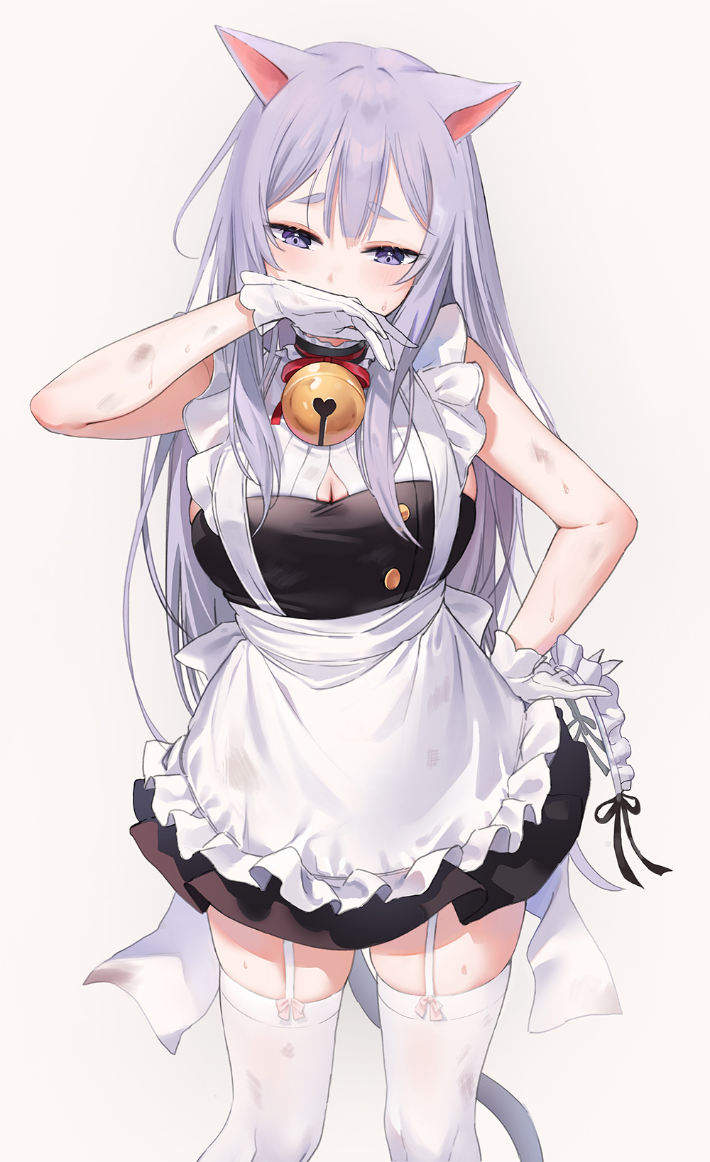 1girl animal_ears apron bare_arms bare_shoulders bell black_dress breasts bruise cat_ears cat_girl cat_tail cleavage cleavage_cutout clothing_cutout covering_mouth dress frilled_apron frills garter_straps gloves hand_on_hip highres injury jingle_bell large_breasts long_hair looking_down maid maid_apron neck_ribbon original purple_hair ribbon simple_background sleeveless sleeveless_dress solo sweatdrop tail thighhighs very_long_hair white_background white_gloves white_legwear yumaomi zettai_ryouiki