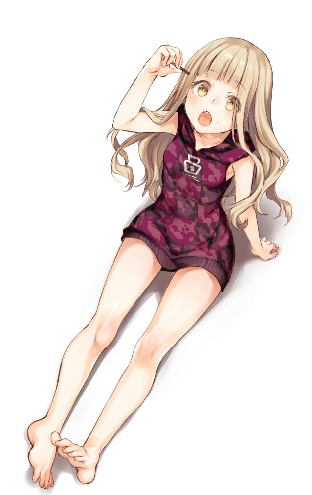 1girl :d bangs barefoot blonde_hair feet food full_body hair_between_eyes holding holding_food legs little_red_riding_hood_(sinoalice) long_hair looking_at_viewer on_floor open_mouth red_shorts shirt shorts simple_background sinoalice sitting sleeveless sleeveless_shirt smile solo teroru toes white_background yellow_eyes