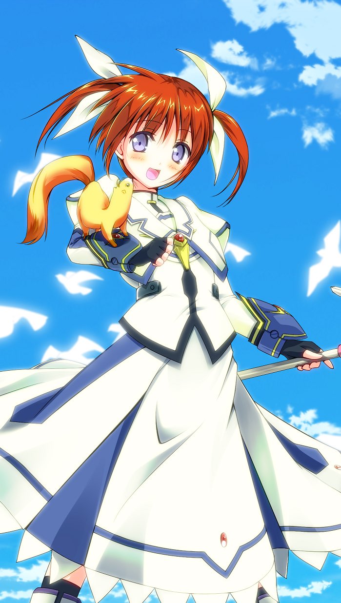 1girl bangs black_gloves blue_eyes blue_sky bracer brown_hair cloud cloudy_sky commentary_request cropped_jacket day dress eyebrows_visible_through_hair ferret fingerless_gloves gloves hair_ribbon hajime_kazuhito highres holding holding_staff jacket juliet_sleeves long_dress long_sleeves looking_at_viewer lyrical_nanoha magical_girl mahou_shoujo_lyrical_nanoha mahou_shoujo_lyrical_nanoha_the_movie_1st open_mouth outdoors puffy_sleeves raising_heart ribbon short_hair sky smile staff standing twintails white_dress white_jacket white_ribbon yuuno_scrya