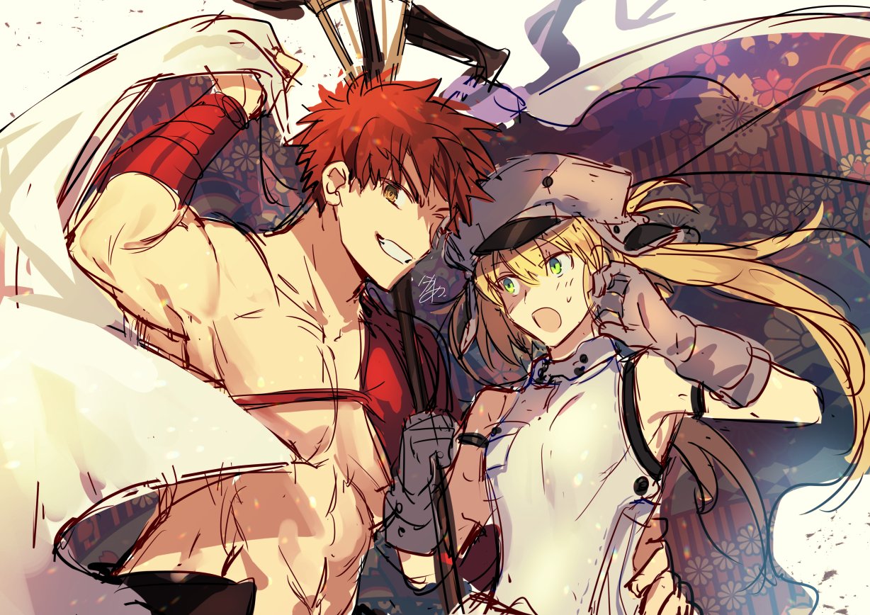 1boy 1girl artoria_pendragon_(all) artoria_pendragon_(caster)_(fate) blonde_hair brown_eyes emiya_shirou fate/grand_order fate_(series) floral_print gloves green_eyes grey_gloves grey_headwear grin hands_on_another's_waist hat holding holding_cloth holding_staff limited/zero_over looking_at_another looking_at_viewer nikame open_mouth red_hair sengo_muramasa_(fate) sketch smile staff sweatdrop toned toned_male wristband