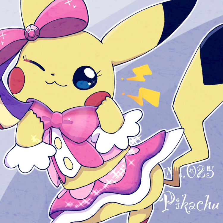 :3 animal_focus blue_eyes blush_stickers bow bowtie character_name closed_mouth clothed_pokemon commentary_request cosplay_pikachu english_text gen_1_pokemon grey_background hair_bow hands_up happy lightning_bolt_symbol looking_at_viewer no_humans number one_eye_closed outline pikachu pikachu_pop_star pink_bow pink_neckwear pink_shirt pink_skirt pokedex_number pokemon pokemon_(creature) ronen shirt showgirl_skirt simple_background skirt smile solo sparkle white_outline