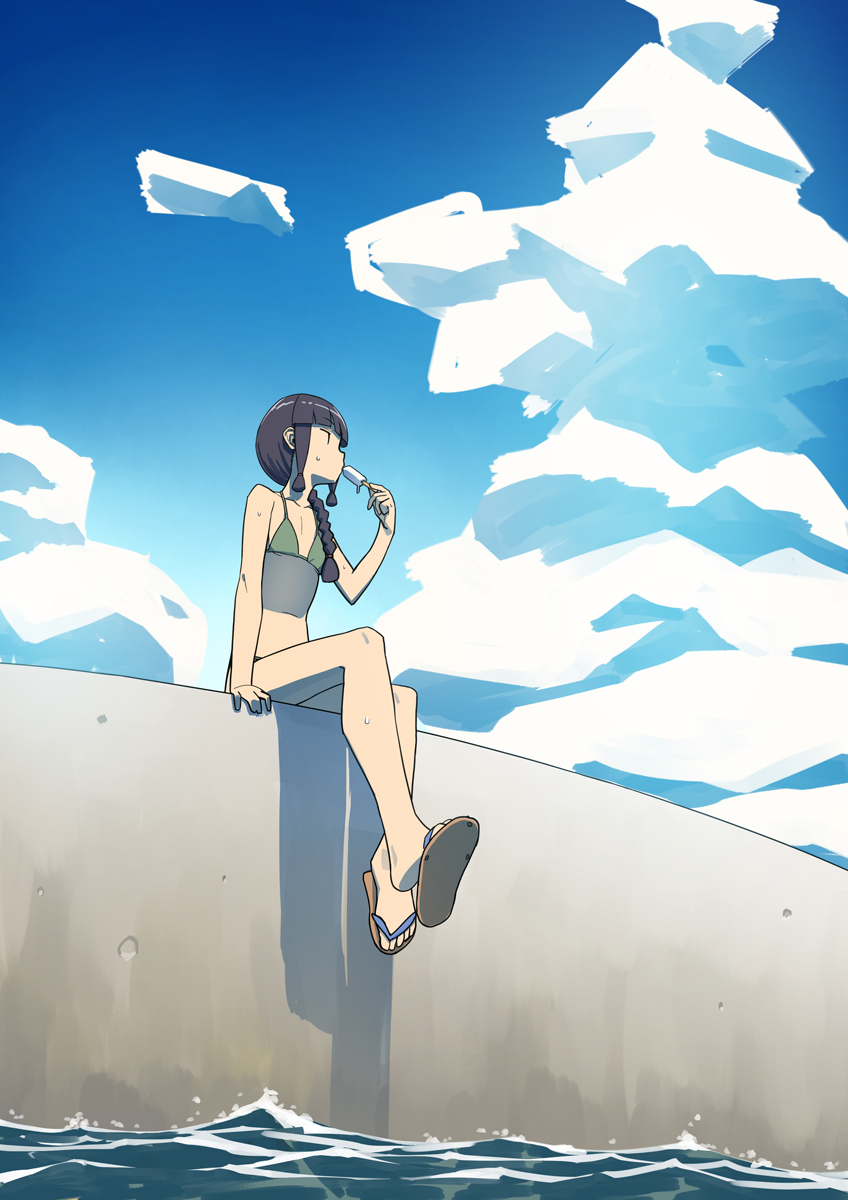 1girl bangs bikini black_hair blunt_bangs braid breasts cloud day eyebrows_visible_through_hair food gahaku green_bikini hair_over_shoulder highres kantai_collection kitakami_(kancolle) long_hair outdoors popsicle sandals sidelocks single_braid sitting sky small_breasts solo sweat swimsuit water