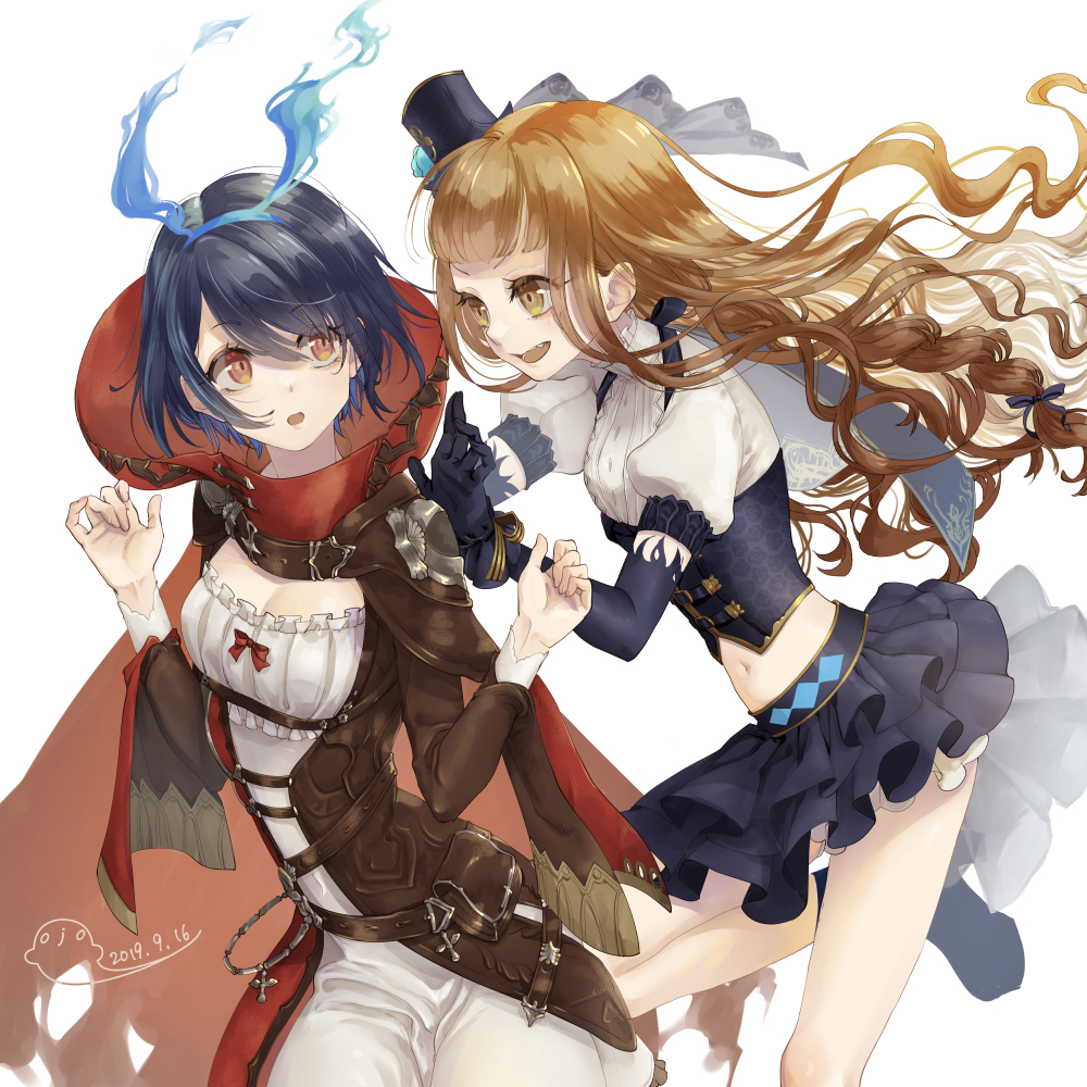 2girls :d :o alice_(sinoalice) alice_(sinoalice)_(cosplay) bangs blonde_hair blue_gloves blue_headwear blue_sky cosplay elbow_gloves gloves hair_between_eyes hands_on_another's_shoulders hat headband little_red_riding_hood_(sinoalice) little_red_riding_hood_(sinoalice)_(cosplay) long_hair long_sleeves looking_at_another multiple_girls navel ojo_aa open_mouth red_hair red_hood short_hair short_sleeves sinoalice sky smile wavy_hair yellow_eyes