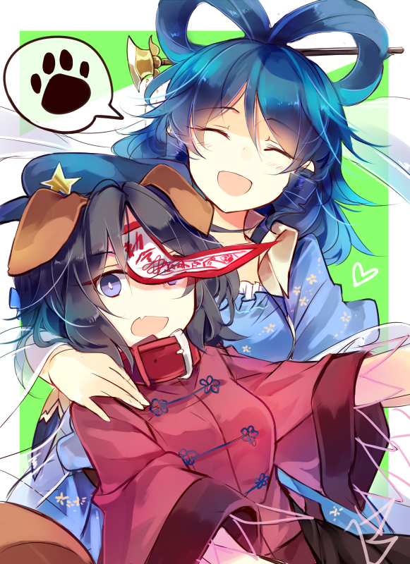 2girls :o ^_^ animal_ears bangs blue_dress blue_hair blue_headwear border breasts bright_pupils cabbie_hat closed_eyes dog_ears dress fang floral_print green_background hagoromo hair_ornament hair_rings hair_stick hand_on_another's_shoulder hat hat_ornament heart jiangshi kaku_seiga kutsuki_kai looking_at_viewer medium_breasts medium_hair miyako_yoshika multiple_girls ofuda open_clothes open_mouth open_vest outside_border outstretched_arms parted_bangs puffy_short_sleeves puffy_sleeves purple_eyes purple_hair red_shirt ringlets shawl shirt short_hair short_sleeves simple_background skin_fang smile spoken_paw star_(symbol) star_hat_ornament talisman touhou upper_body vest white_border white_vest zombie_pose |d