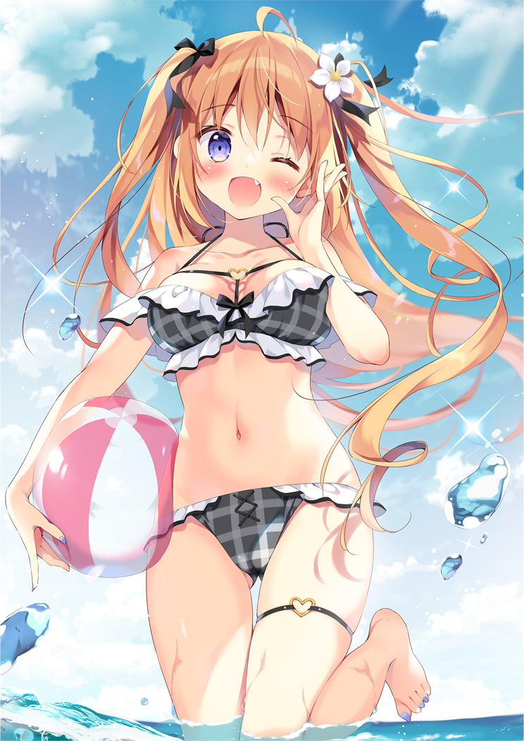 1girl ;d ahoge ball bangs bare_shoulders barefoot beachball bikini black_bikini black_bow blue_nails blue_sky blush bow breasts brown_hair cloud cloudy_sky commentary_request day eyebrows_visible_through_hair fang flower frilled_bikini frills groin hair_between_eyes hair_bow hair_flower hair_ornament long_hair looking_at_viewer medium_breasts navel one_eye_closed open_mouth original outdoors pan_(mimi) plaid plaid_bikini purple_eyes sky smile solo standing standing_on_one_leg swimsuit toenail_polish transparent two_side_up very_long_hair water white_flower