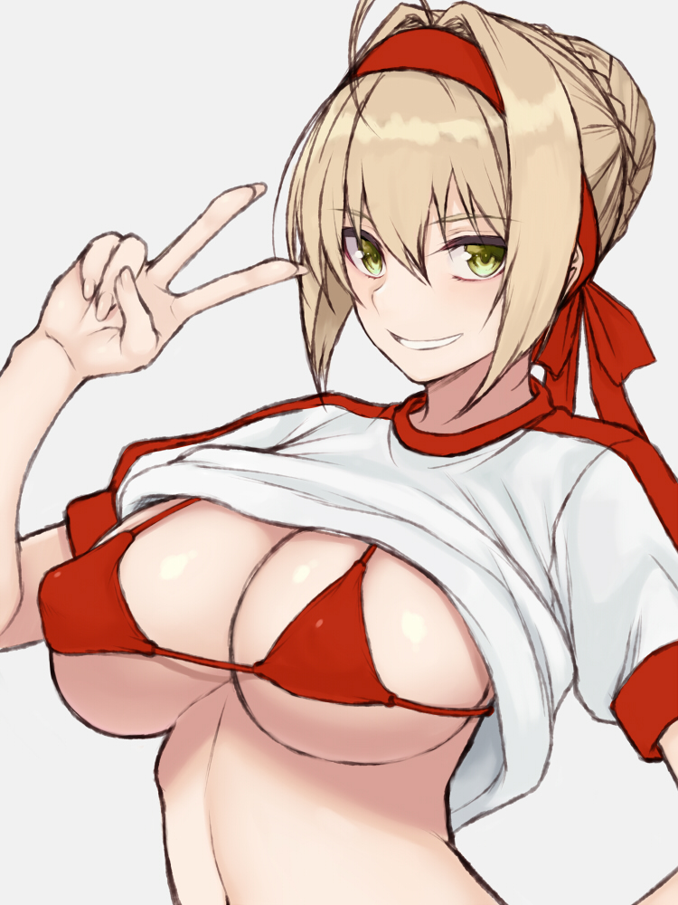 1girl ahoge bikini bikini_under_clothes blonde_hair braid breasts cocq_taichou eyebrows_visible_through_hair fate/extra fate/grand_order fate_(series) fingernails french_braid green_eyes grey_background gym_uniform hair_between_eyes hairband large_breasts looking_at_viewer nero_claudius_(fate) nero_claudius_(fate)_(all) olympian_bloomers red_bikini red_hairband short_hair simple_background smile solo swimsuit upper_body v