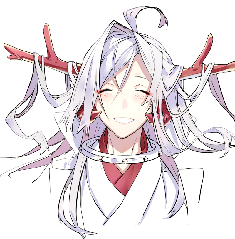 1boy ahoge blush close-up closed_eyes collar commentary dragon_horns eyeliner face grin high_collar horns japanese_clothes kimono long_hair makeup male_focus metal_collar portrait red_eyeliner red_horns simple_background sin_(hankotsu_bunny) smile solo spiked_collar spikes suzunaru_ame utau white_background white_hair white_kimono |d