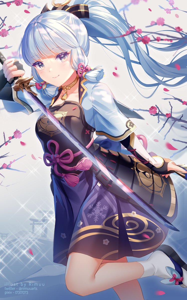 1girl armor armored_dress ayaka_(genshin_impact) bangs blue_eyes blunt_bangs breastplate breasts cherry_blossoms closed_mouth eyebrows_visible_through_hair fingerless_gloves floating_hair gauntlets genshin_impact gloves hair_ornament highres holding holding_sword holding_weapon japanese_clothes katana light_blue_hair looking_at_viewer petals ponytail rimuu smile solo standing standing_on_one_leg sword tassel weapon