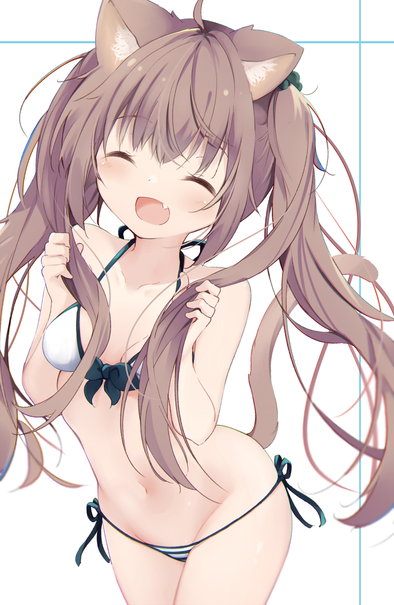 1girl :d ^_^ ahoge animal_ears bangs bare_arms bare_shoulders bikini blush breasts brown_hair cat_ears cat_girl cat_tail closed_eyes collarbone eyebrows_visible_through_hair facing_viewer fang front-tie_bikini front-tie_top groin hair_between_eyes hands_up highres holding holding_hair kyuukon_(qkonsan) long_hair navel open_mouth original side-tie_bikini small_breasts smile solo striped striped_bikini swimsuit tail twintails very_long_hair white_background white_bikini