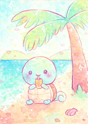 artist_name beach bisquii blush closed_mouth day drinking drinking_straw full_body lowres no_humans outdoors painting_(medium) palm_tree pokemon pokemon_(creature) sand seashell shell sitting sky smile solo sparkling_eyes squirtle traditional_media tree turtle water watercolor_(medium) waves