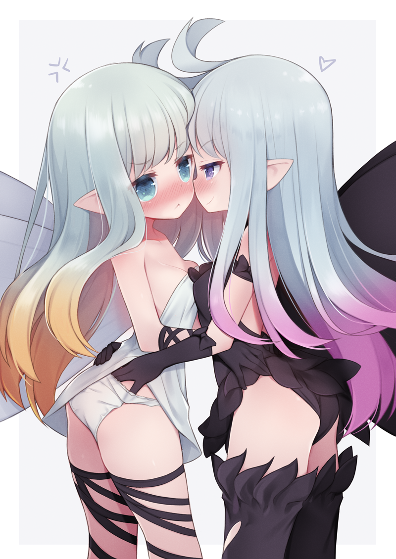 2girls :&lt; aerie_(bravely_default) anger_vein anne_(bravely_second) annoyed antenna_hair arashiya ass bare_shoulders black_gloves black_legwear black_leotard blue_eyes blush boots bravely_default:_flying_fairy bravely_default_(series) bravely_second:_end_layer breast_press breasts brown_hair butterfly_wings cleavage clothes_lift commission commissioner_upload dress dress_lift eye_contact face-to-face fairy frilled_leotard frills gloves gradient_hair hand_in_panties hand_on_another's_ass heart hug leotard lifted_by_another long_hair looking_at_another multicolored_hair multiple_girls panties panty_pull pink_hair pixiv_request pointy_ears pulled_by_another purple_eyes silver_hair small_breasts smile strapless strapless_dress symmetrical_docking thigh_boots thigh_strap thighhighs thighs two-tone_hair underwear white_dress white_panties wings yuri